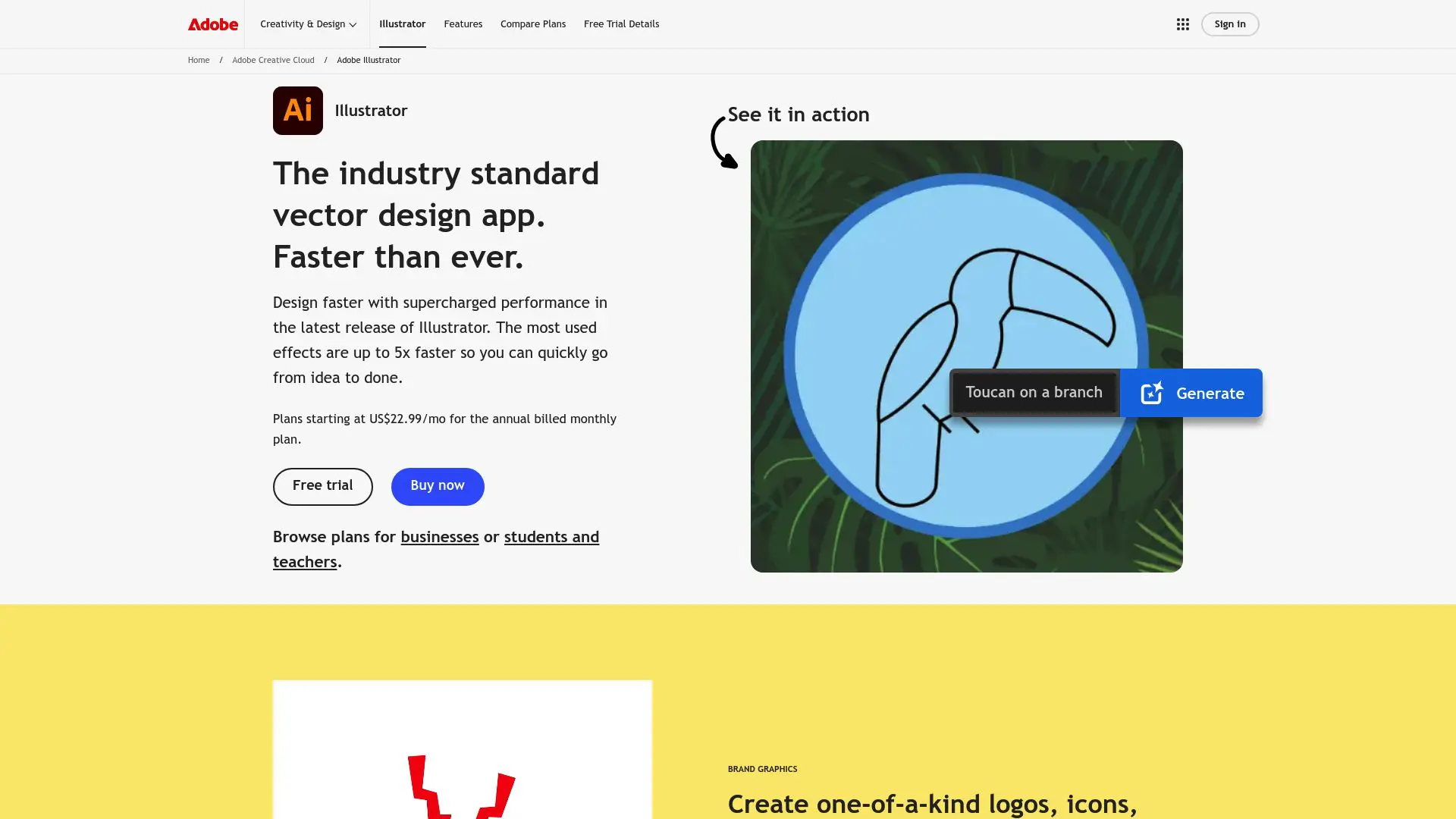 Adobe Illustrator product page interface