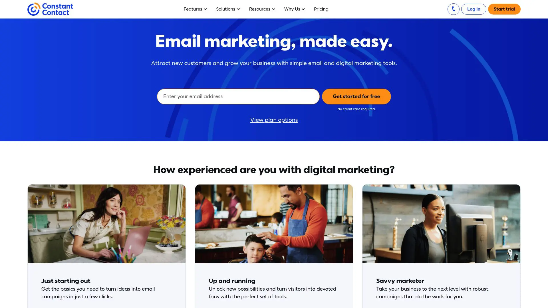 Constant Contact homepage interface