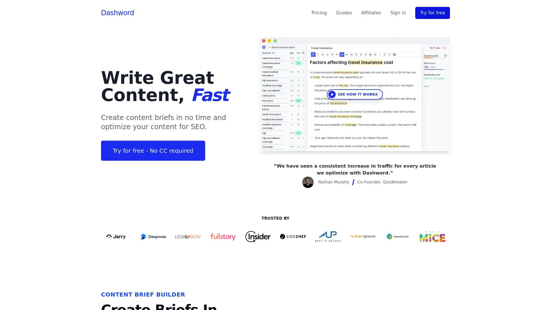 Dashword user-friendly content optimization interface