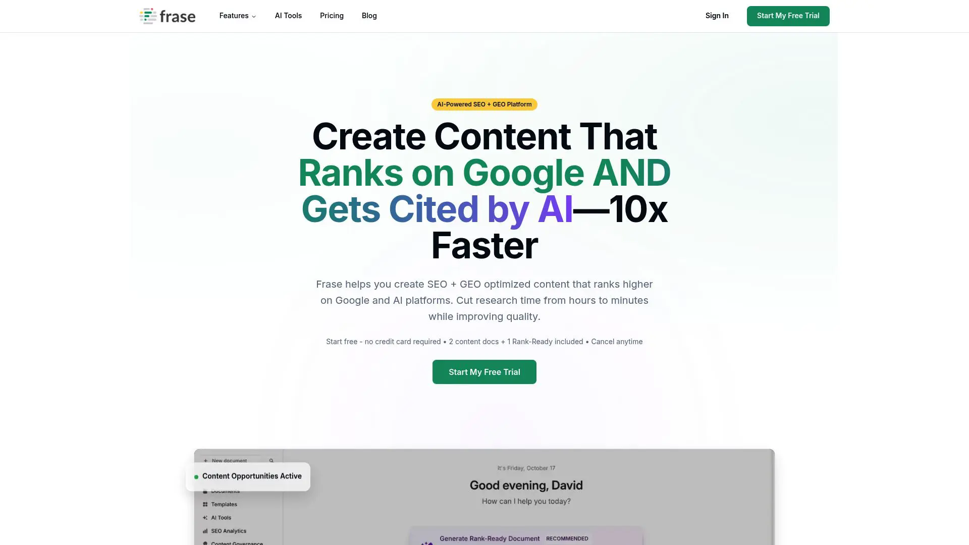 Frase AI search optimization dashboard