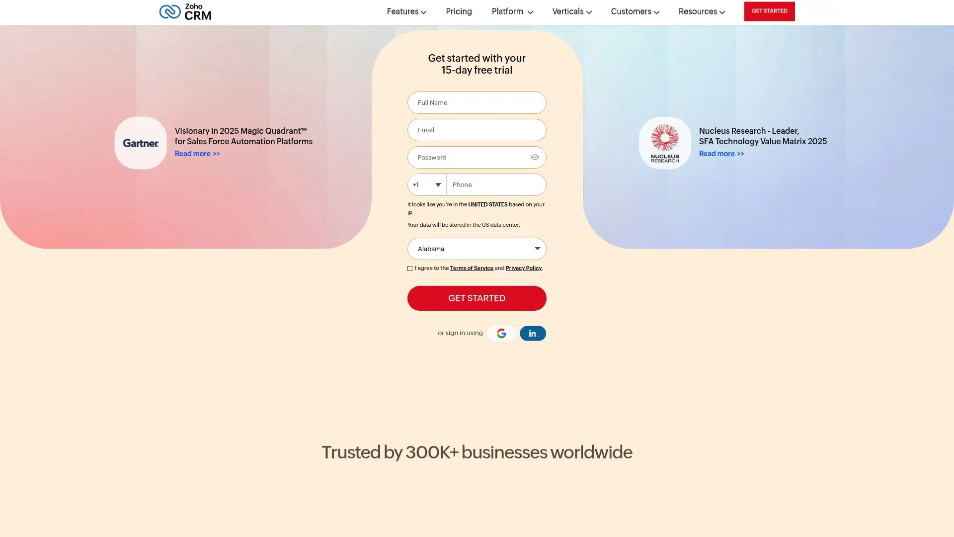 Zoho CRM dashboard interface