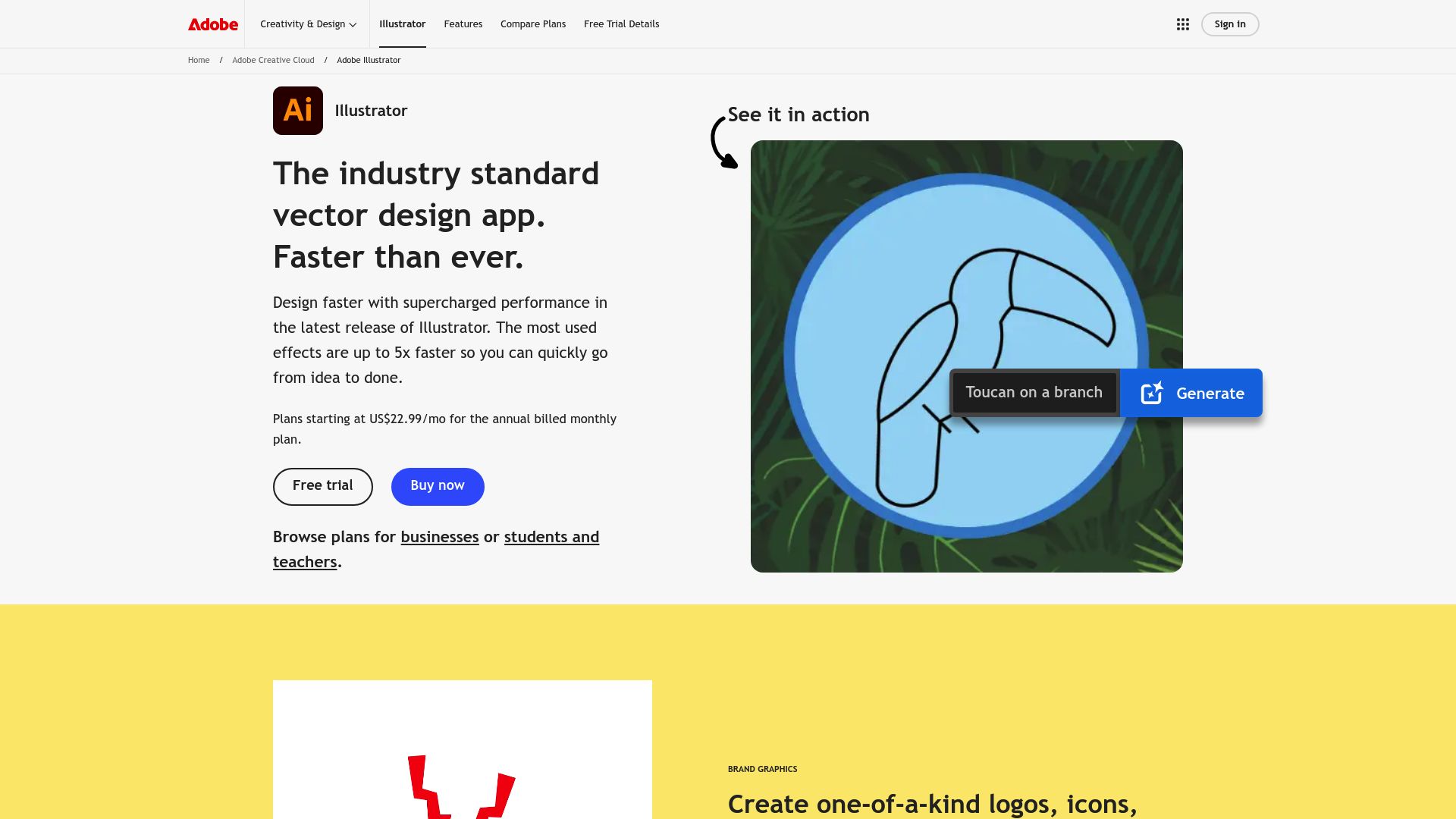 Adobe Illustrator product page interface