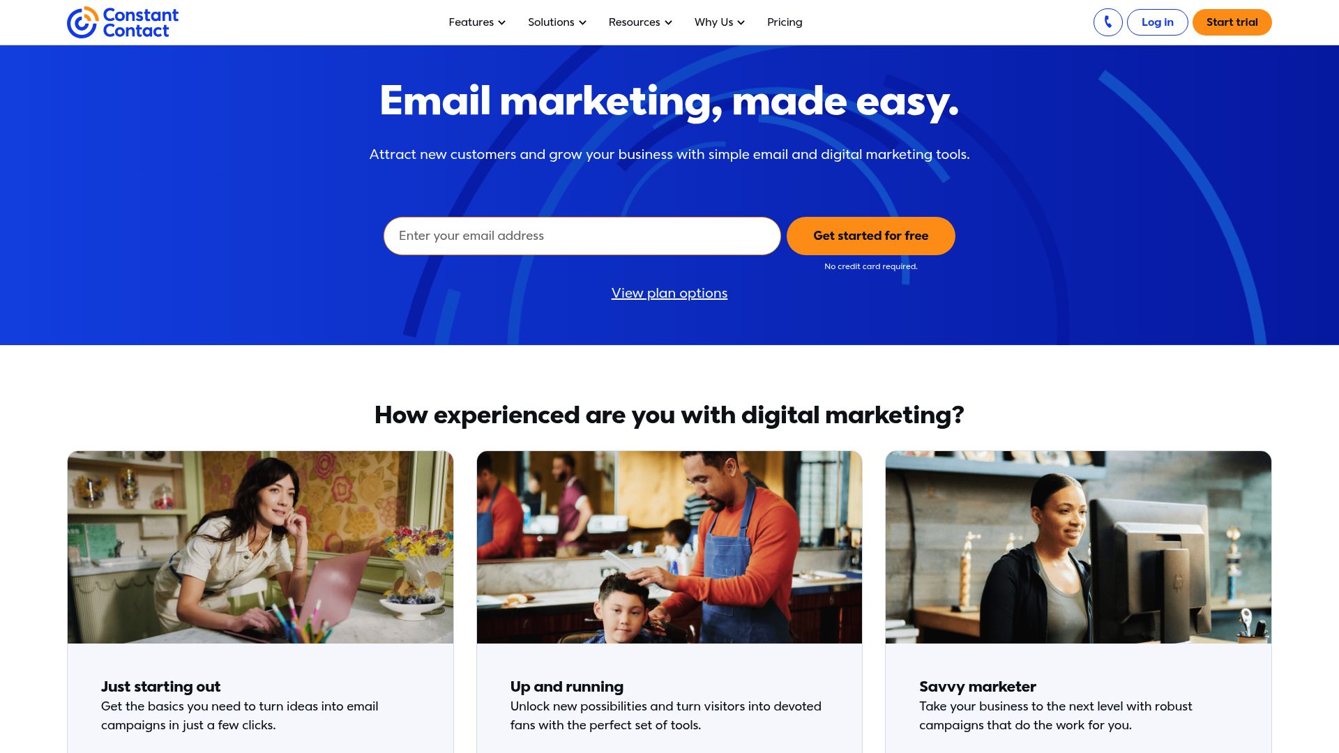 Constant Contact homepage interface