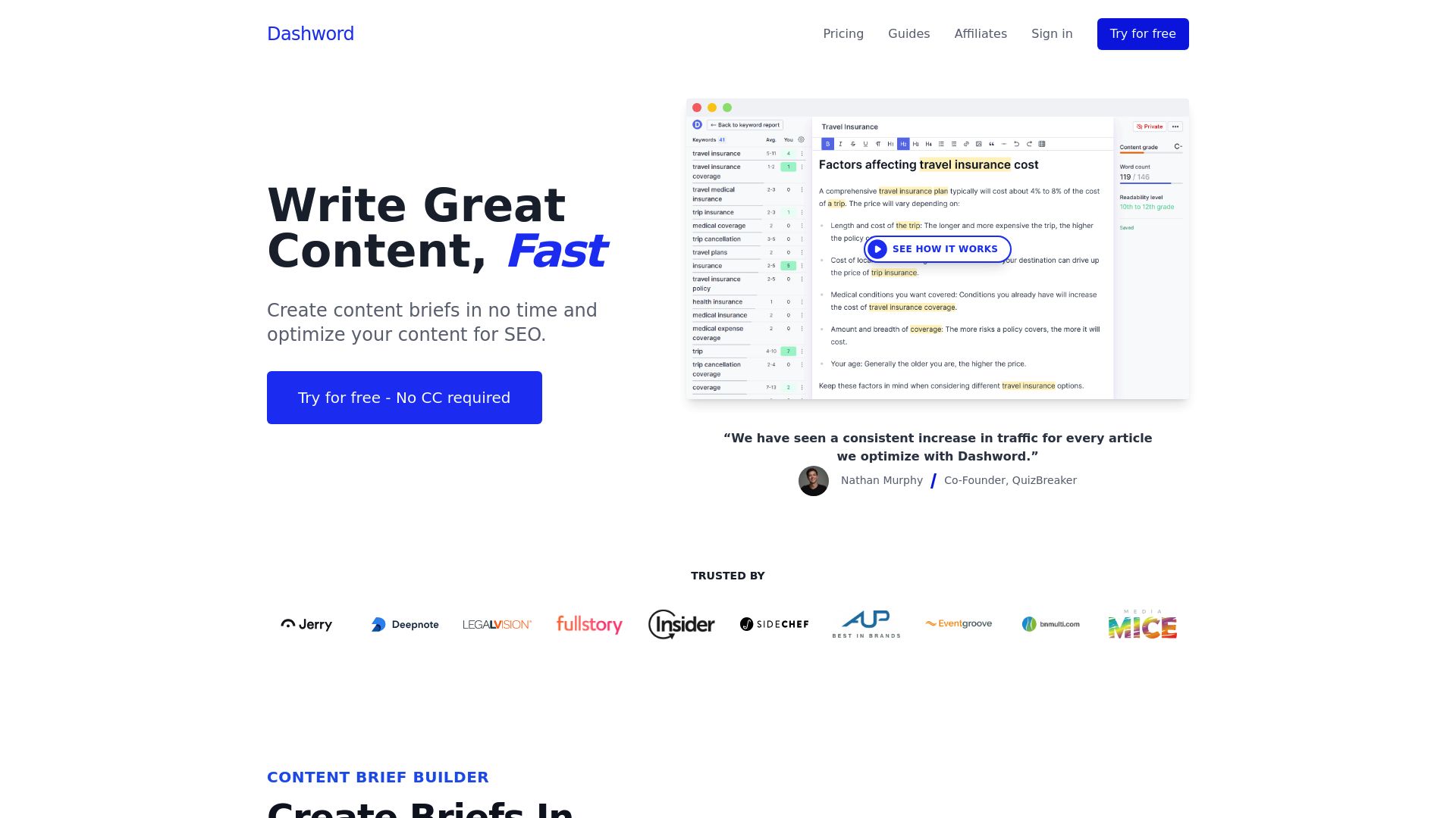 Dashword user-friendly content optimization interface