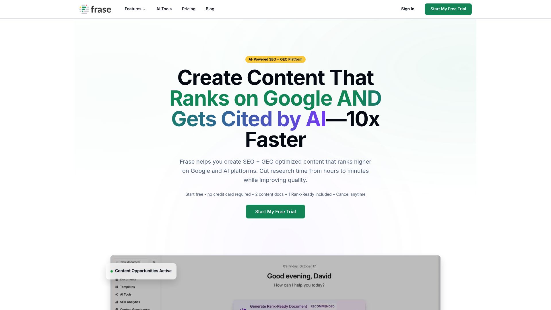 Frase AI search optimization dashboard