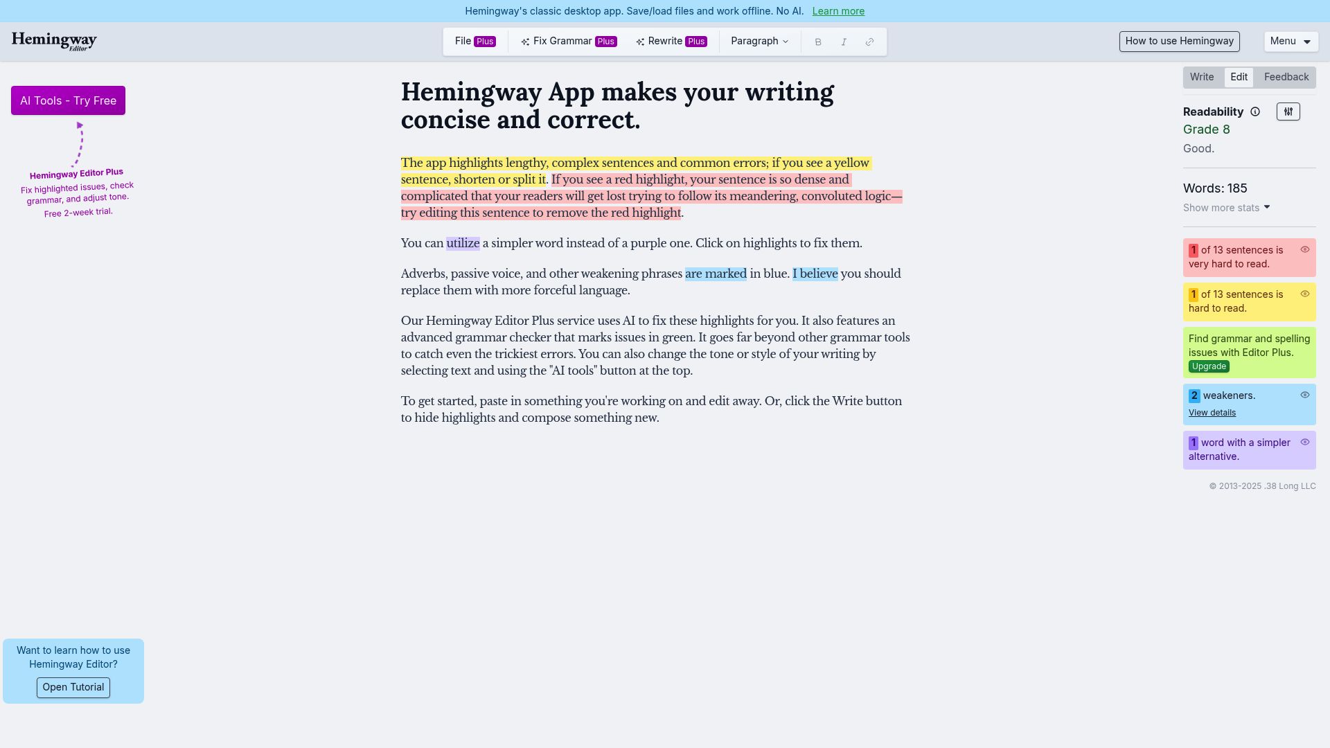 Hemingway Editor interface showing color-coded text analysis