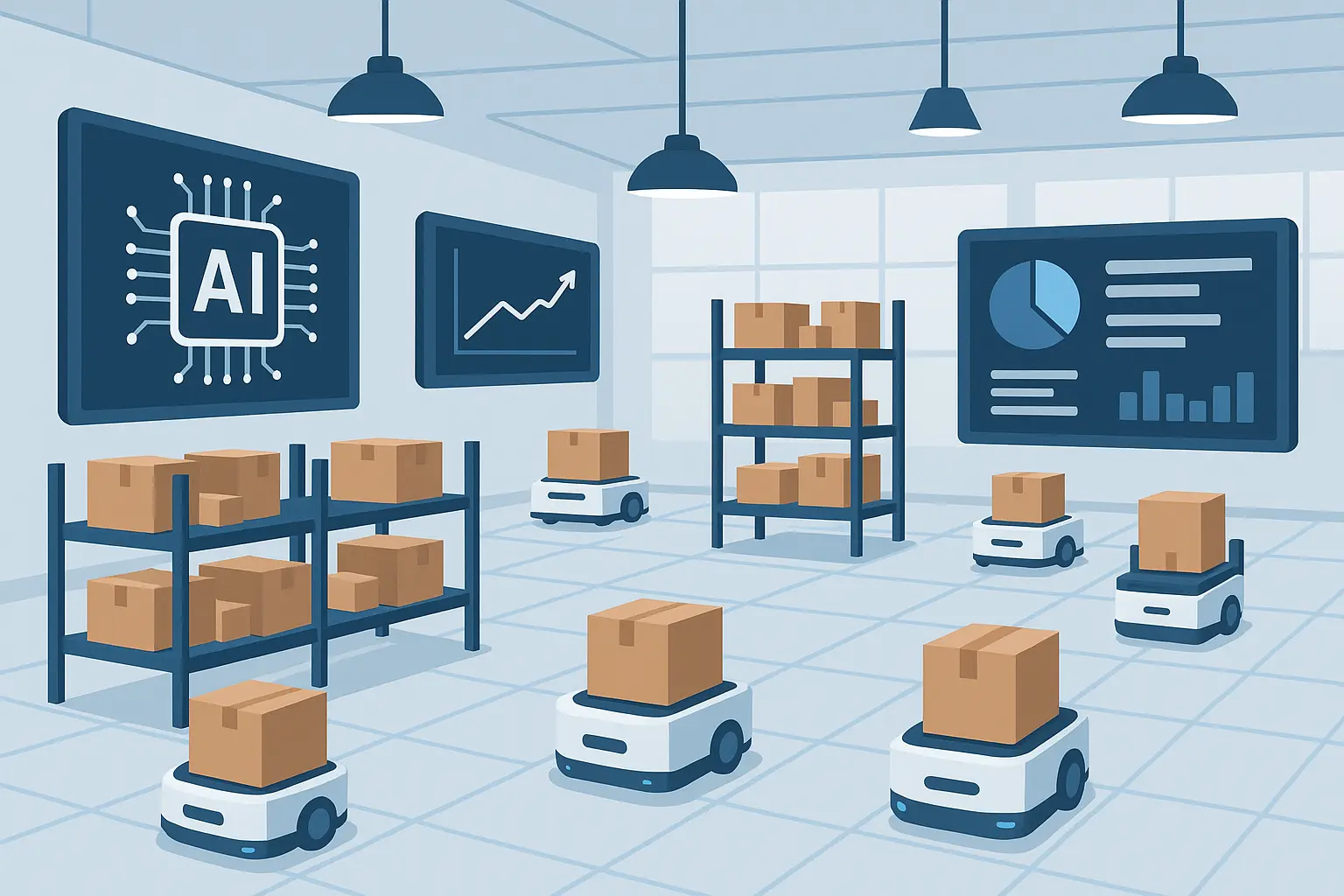 AI-powered robotic grid system in automated warehouse