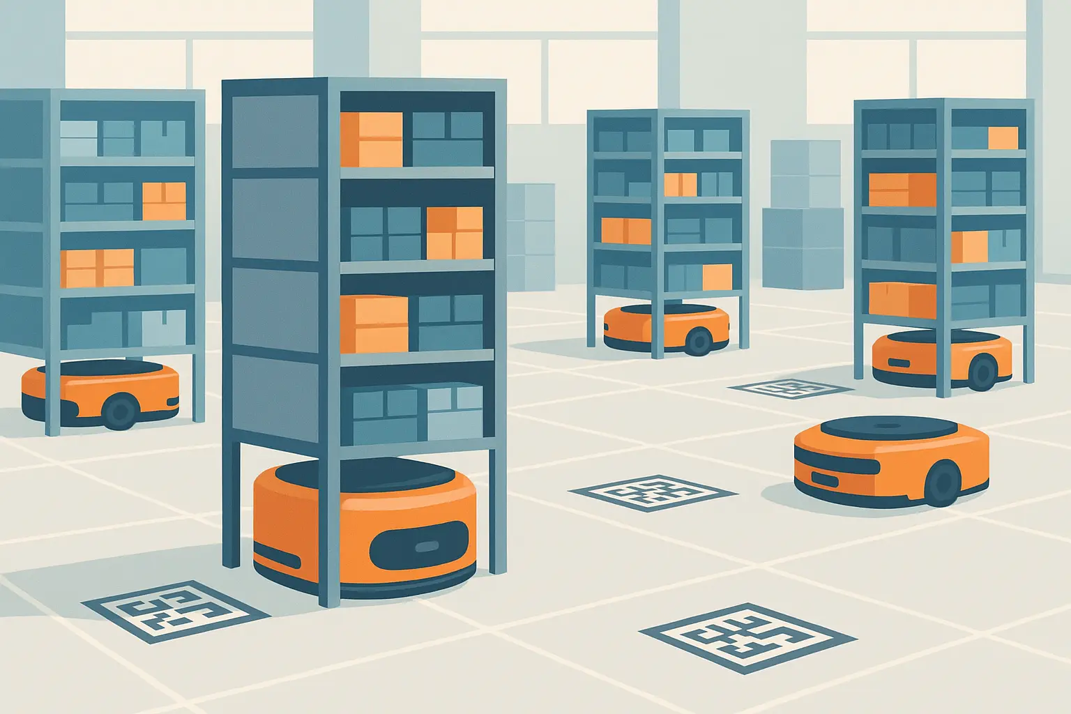 Amazon Kiva robots moving inventory pods in fulfillment center