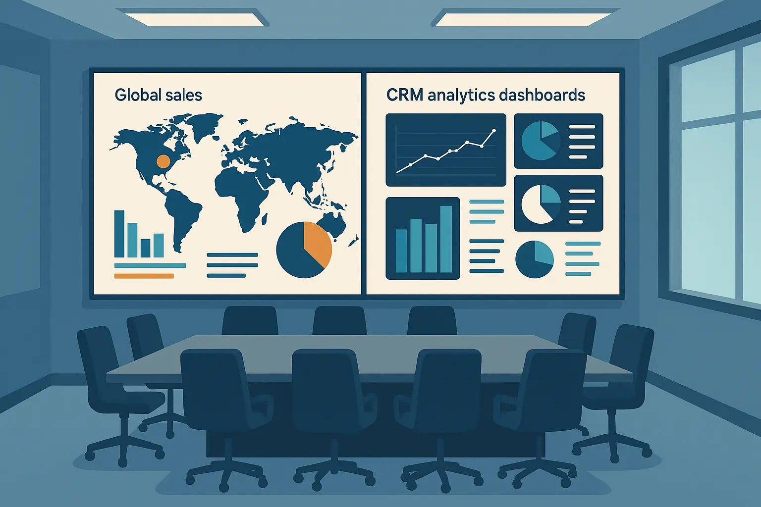 Enterprise CRM transformation dashboard showing global implementation metrics