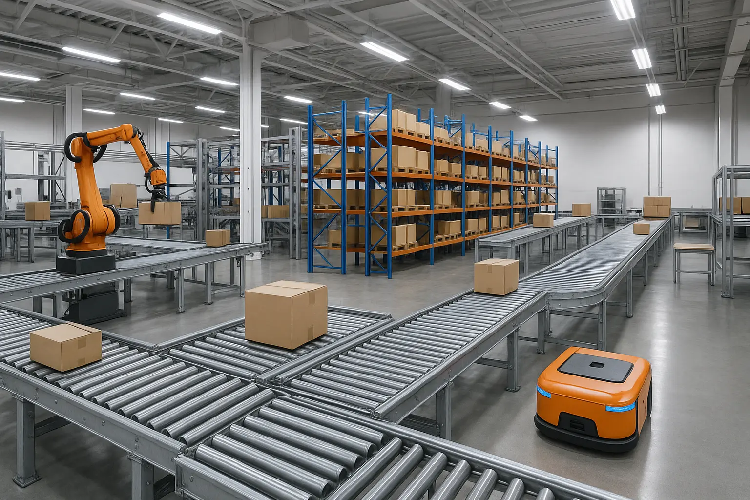 Warehouse automation robots working in modern fulfillment center