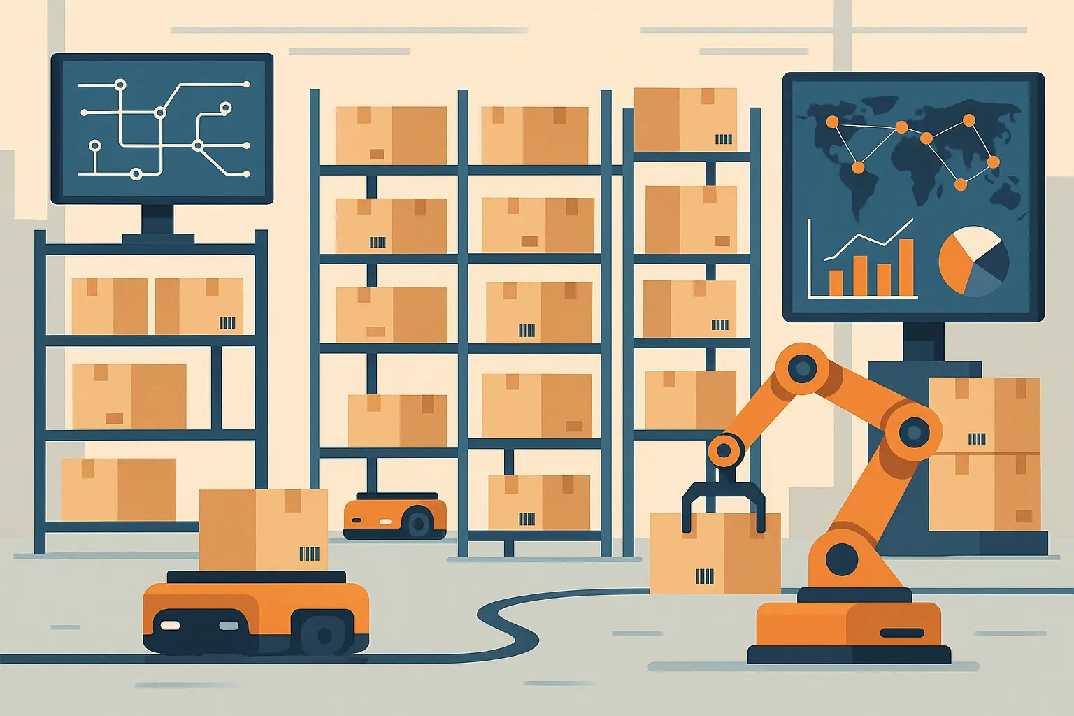 AI supply chain optimization network showing connected logistics operations