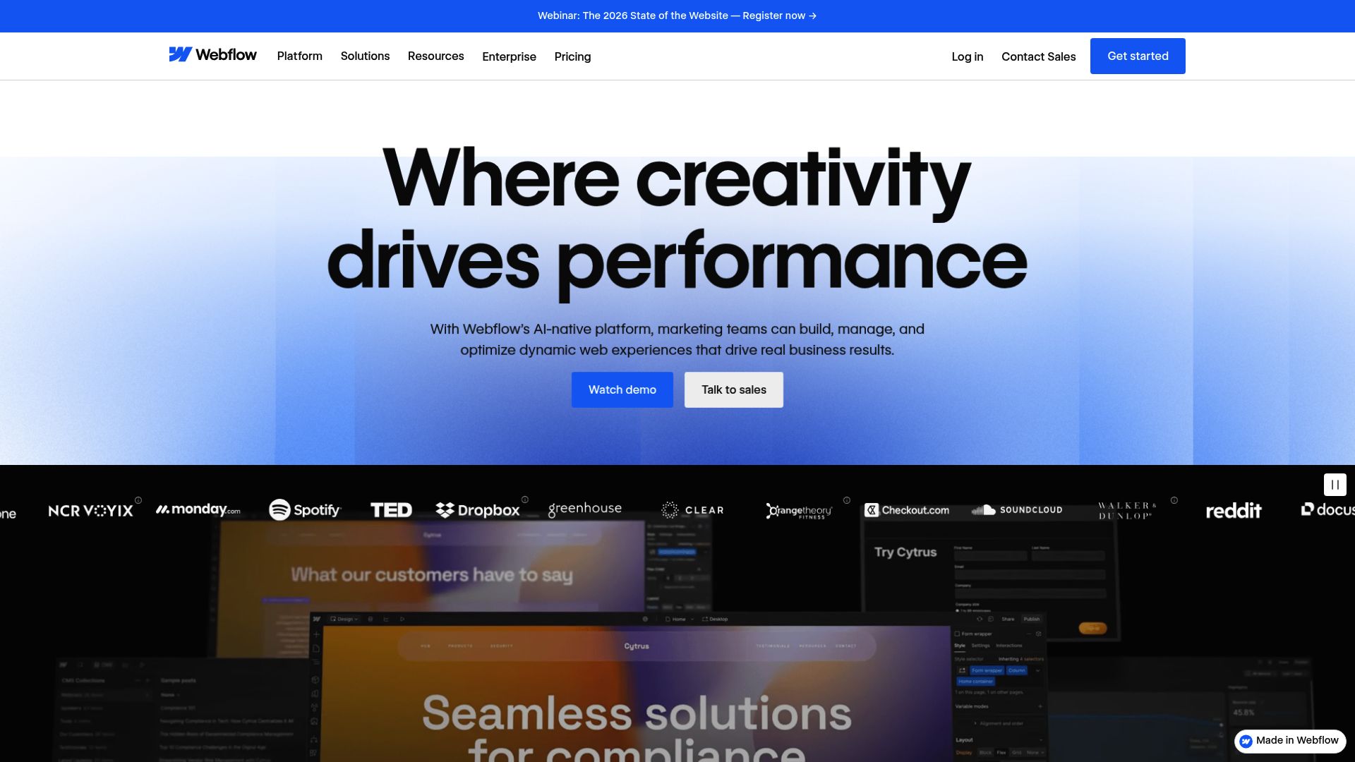Webflow homepage interface