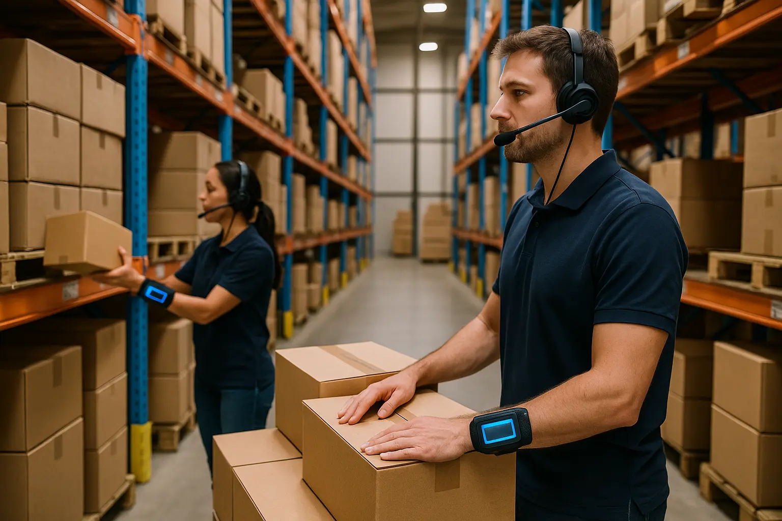 Worker using voice-directed picking system in warehouse
