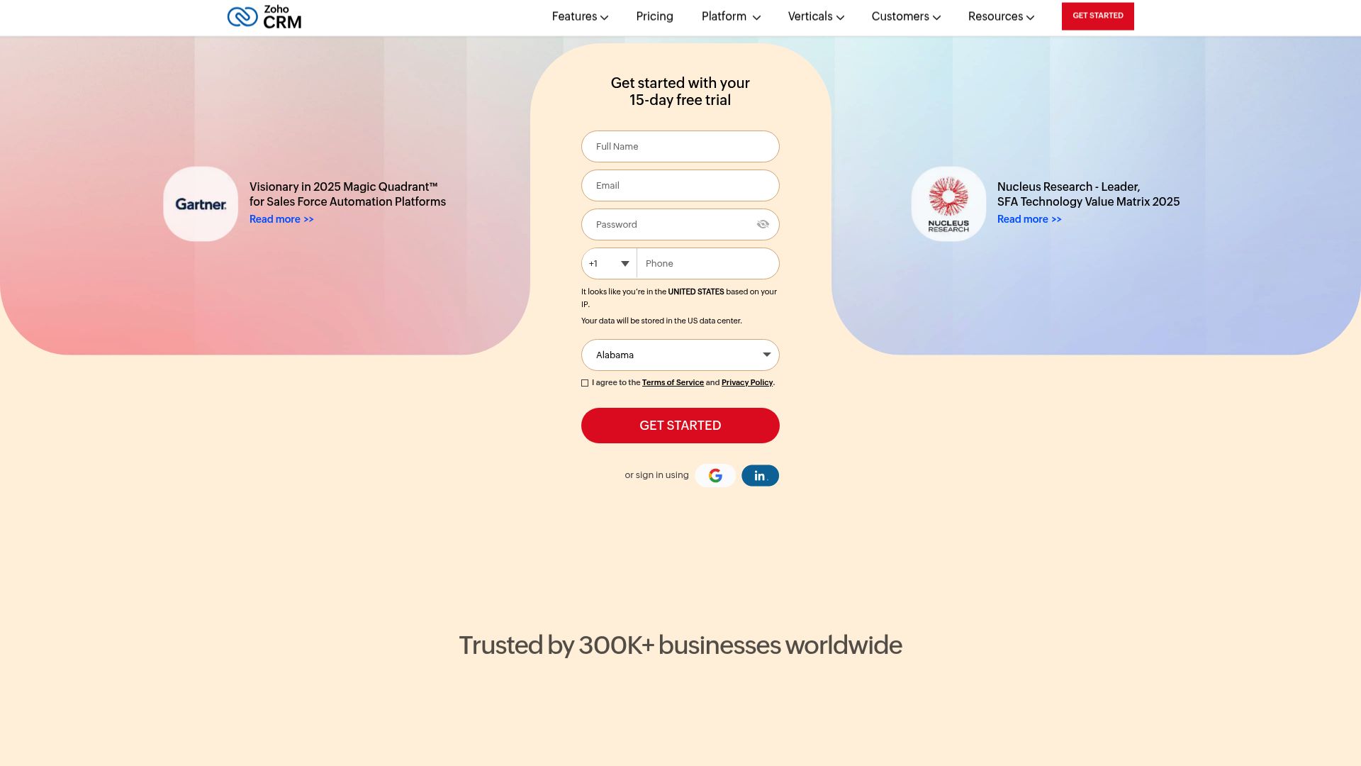 Zoho CRM dashboard interface