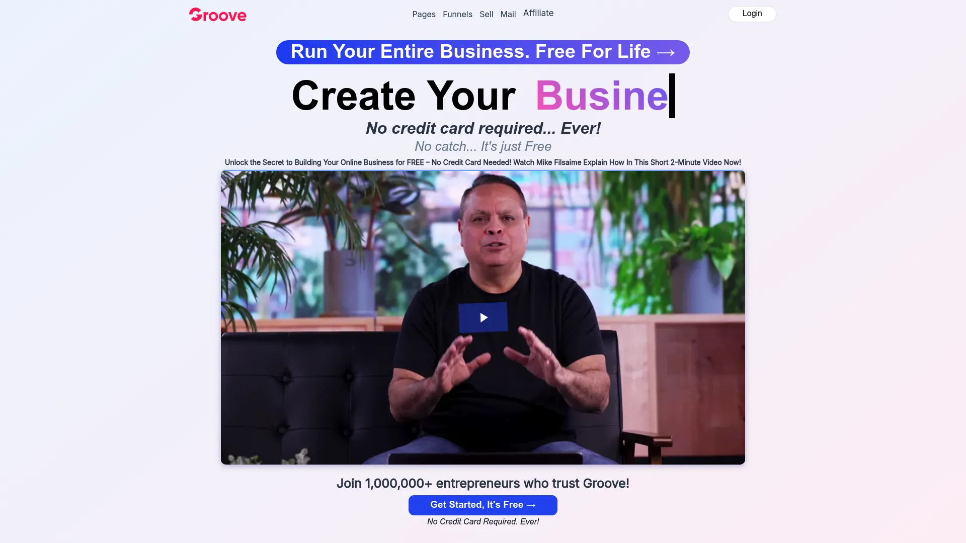 GrooveFunnels homepage screenshot showing all-in-one marketing platform