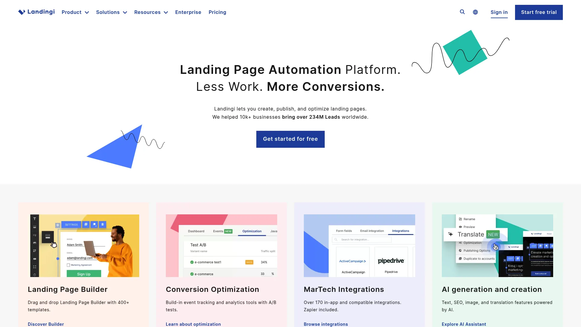 Landingi landing page builder interface screenshot