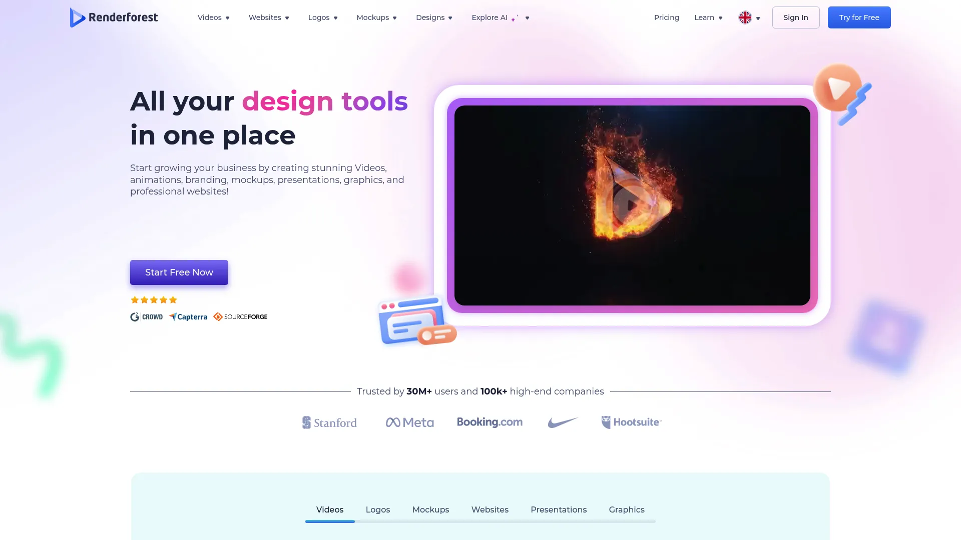 Renderforest dashboard showing branding tools and mockup options