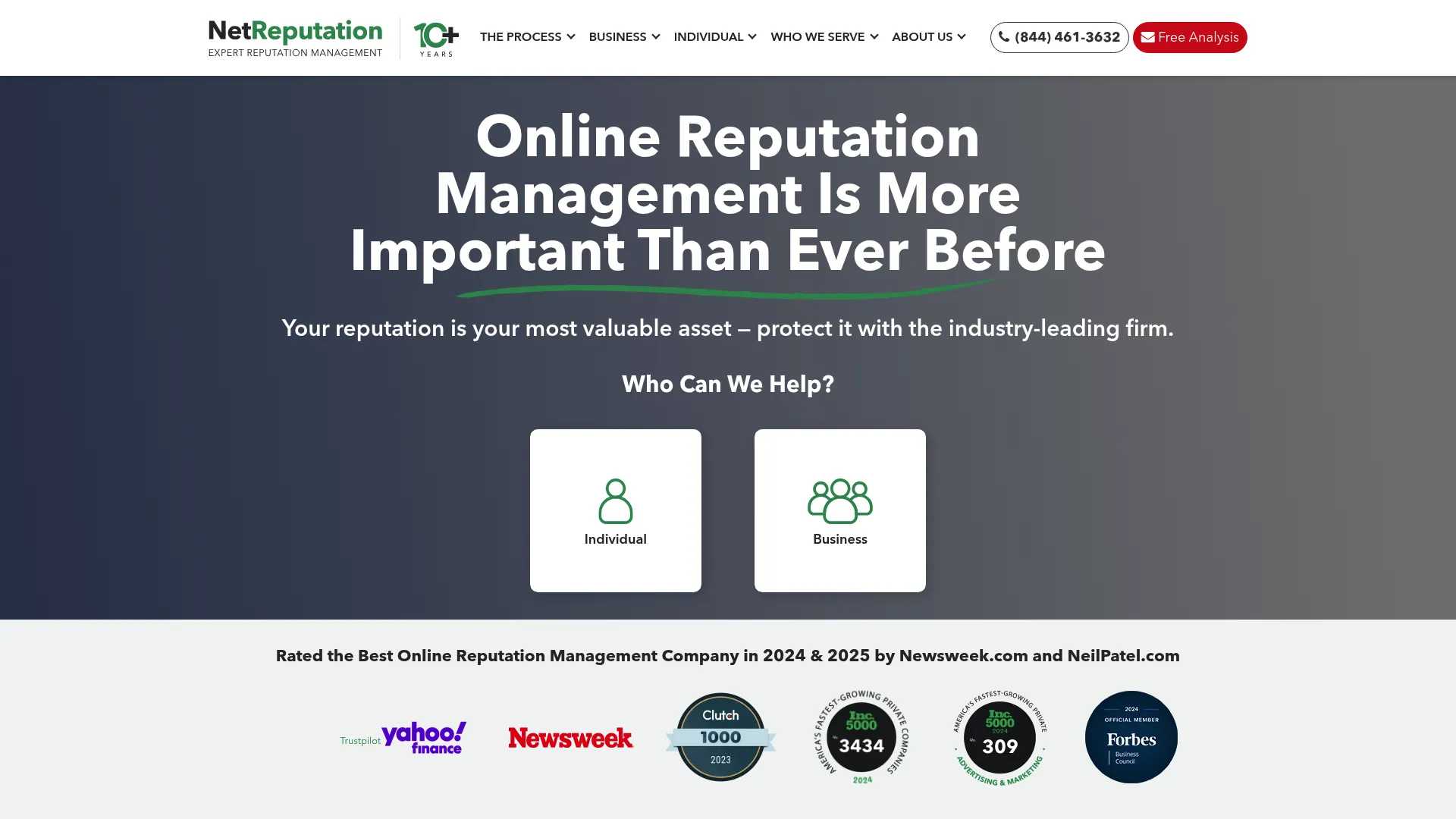 Screenshot of NetReputation.com homepage showing reputation repair services