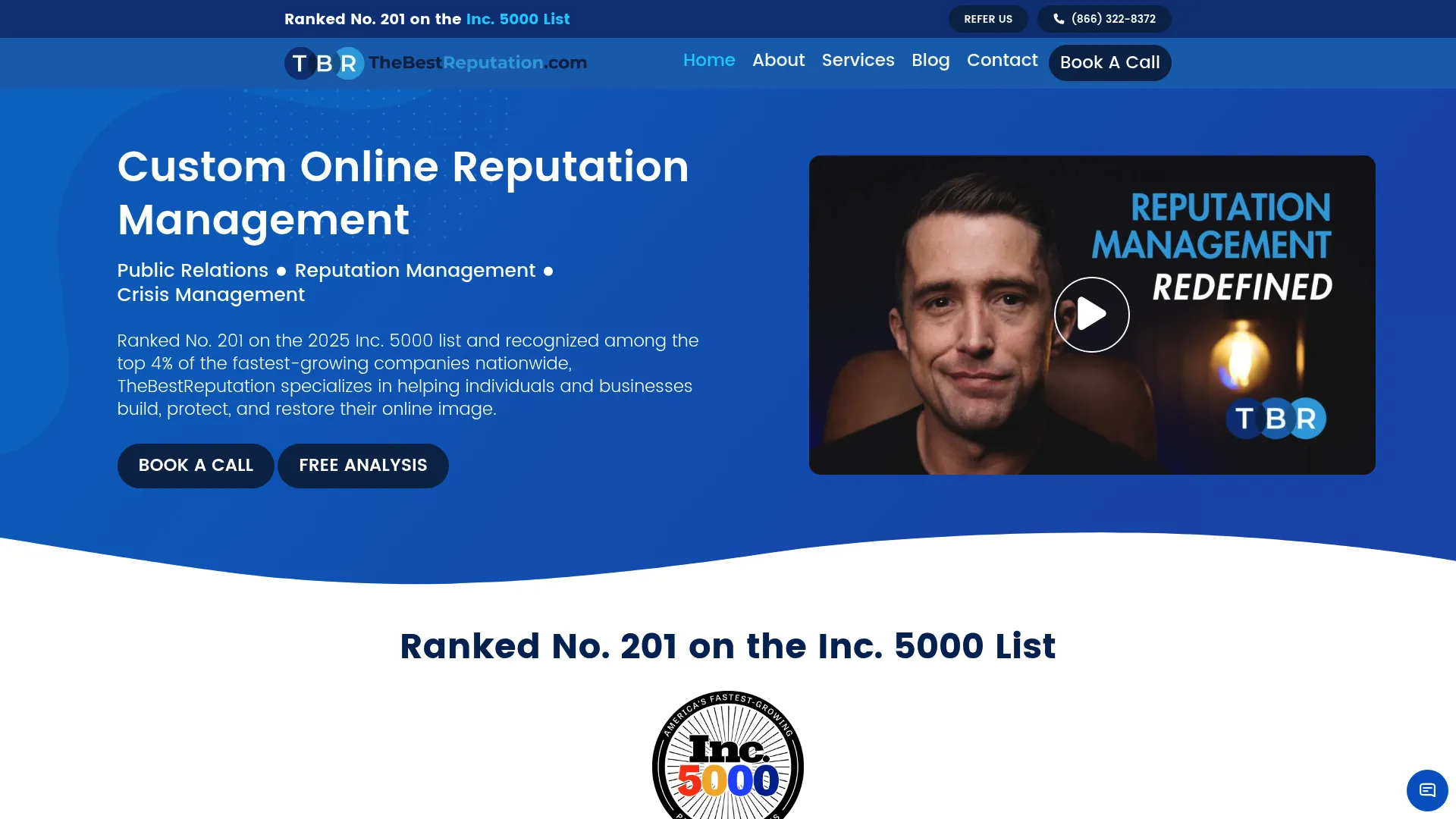 Screenshot of TheBestReputation website showing PR and link removal services