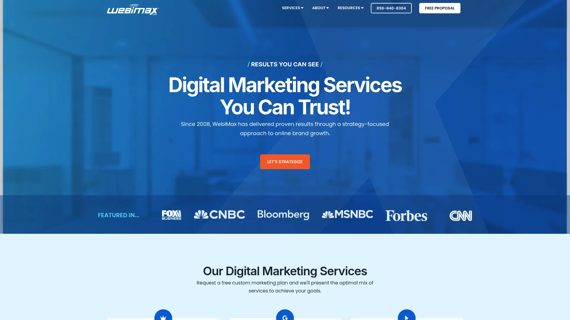 Screenshot of WebiMax digital marketing and reputation services