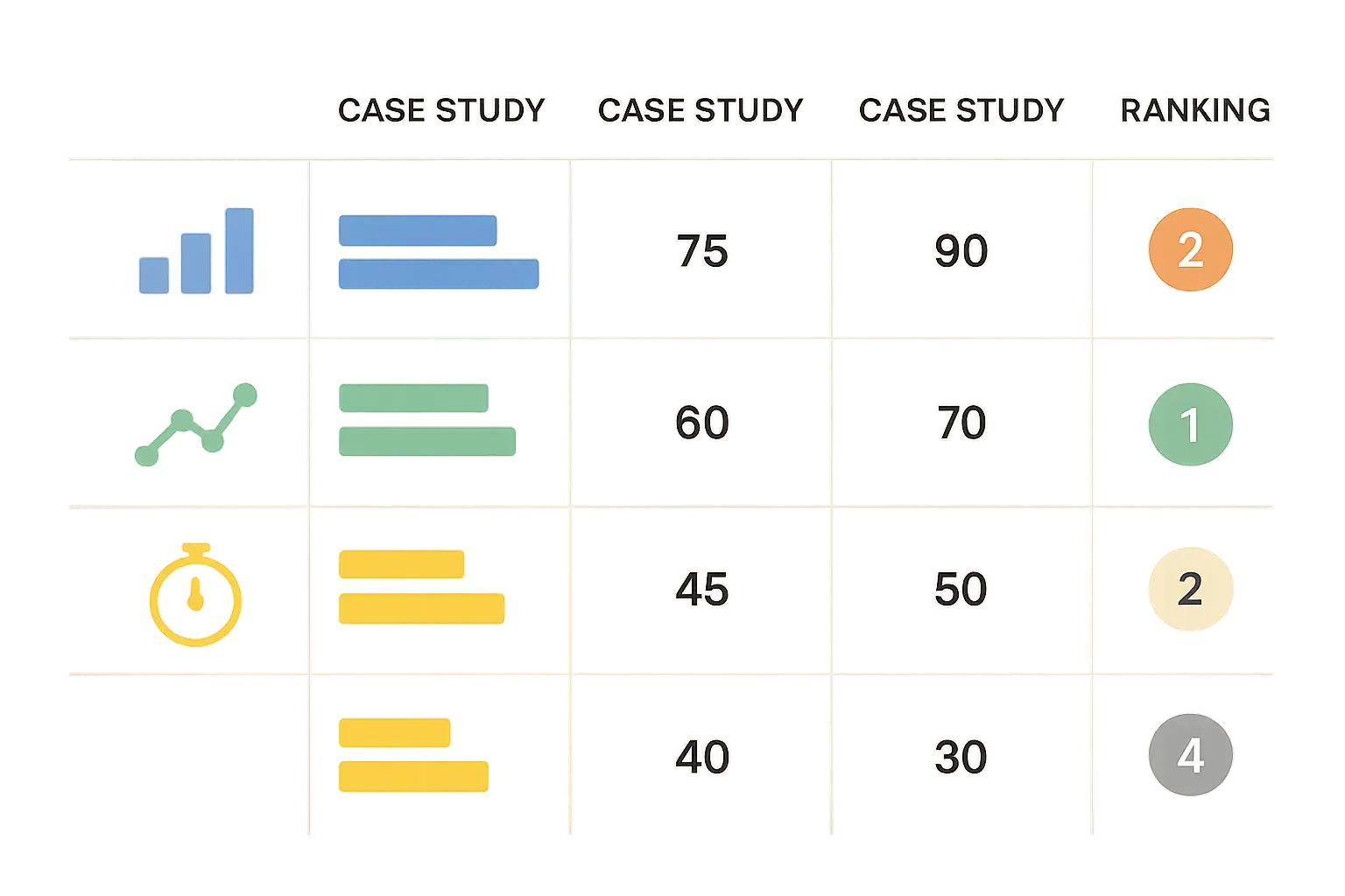 Comparison matrix showing case study performance across multiple criteria