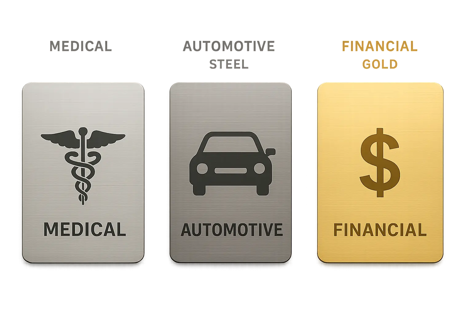 Industry-specific metal business cards for various professions