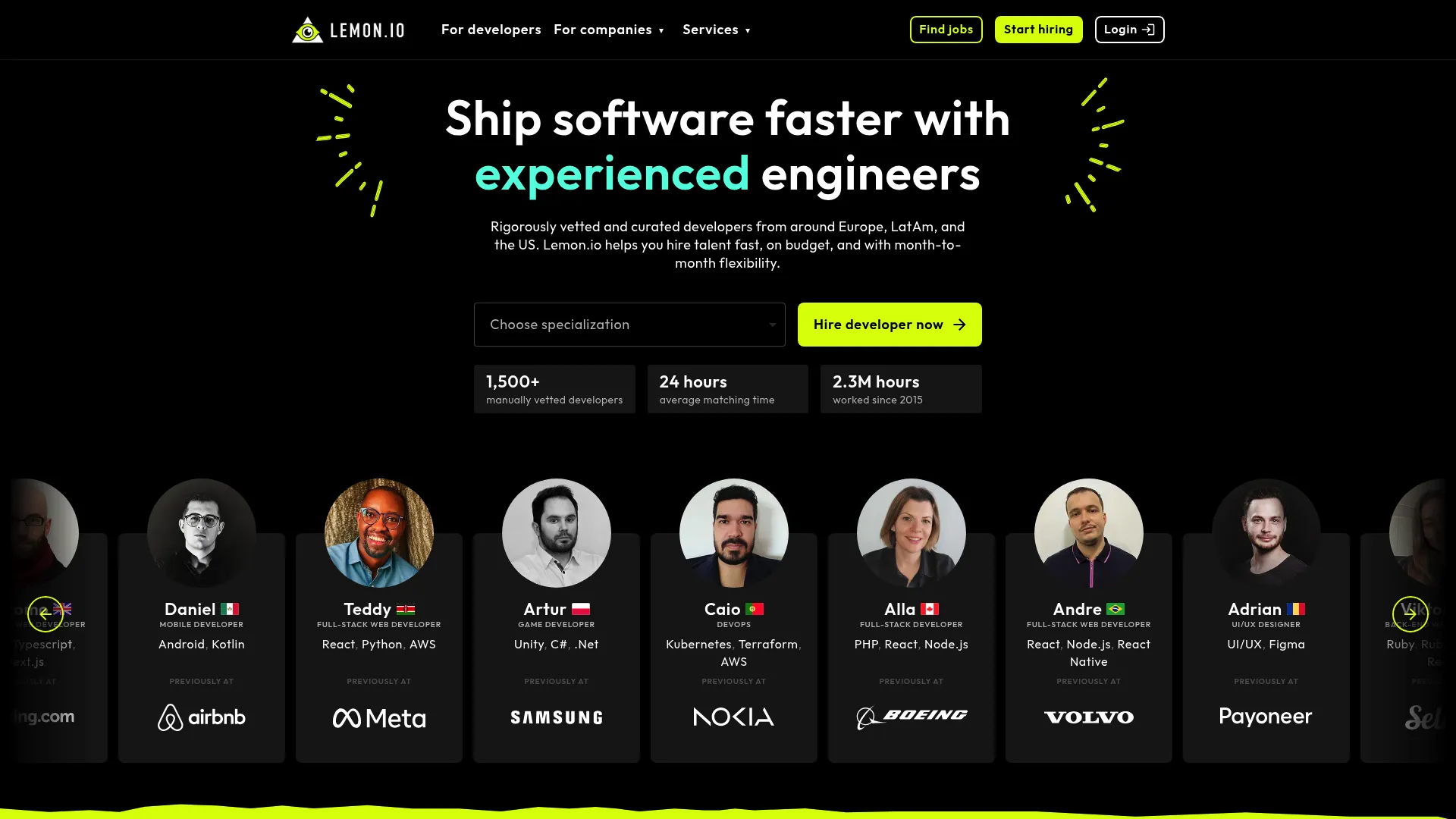 Lemon.io startup developer matching platform homepage