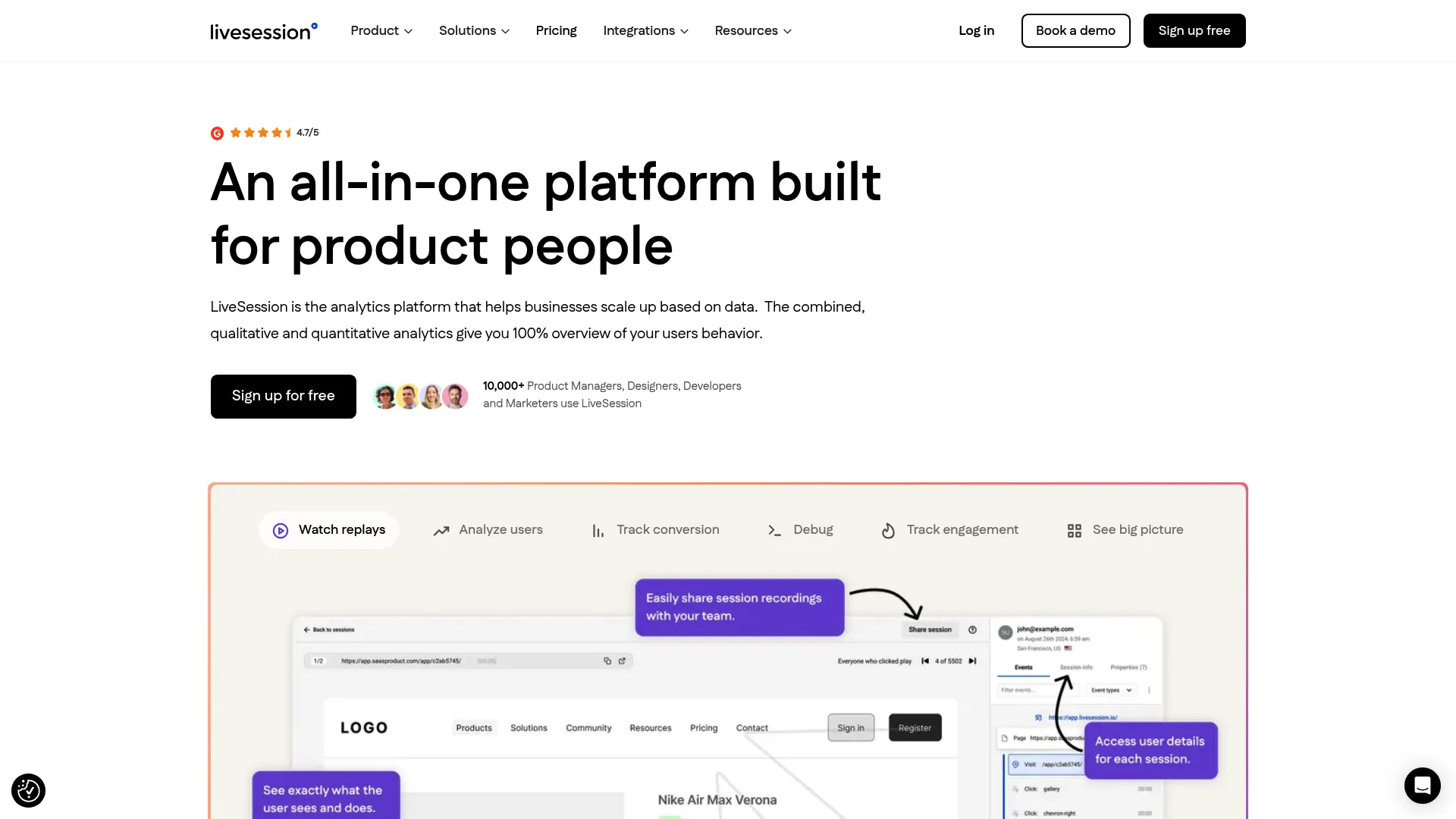 LiveSession analytics interface