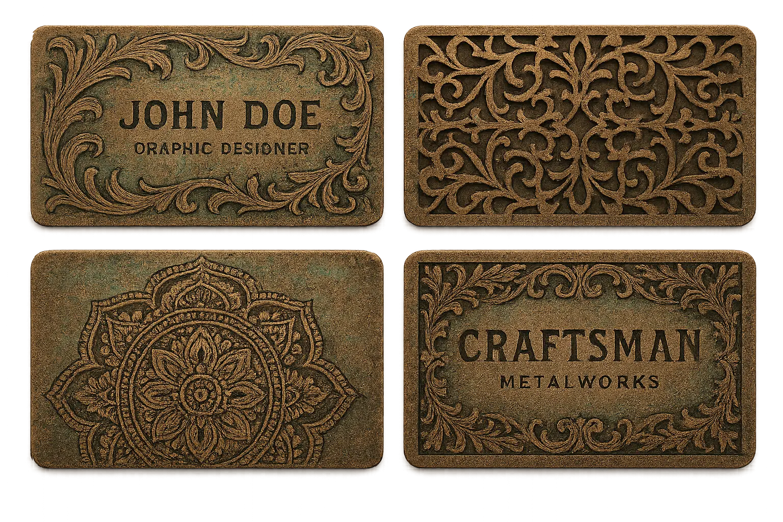 Artistic designer metal business cards with intricate patterns