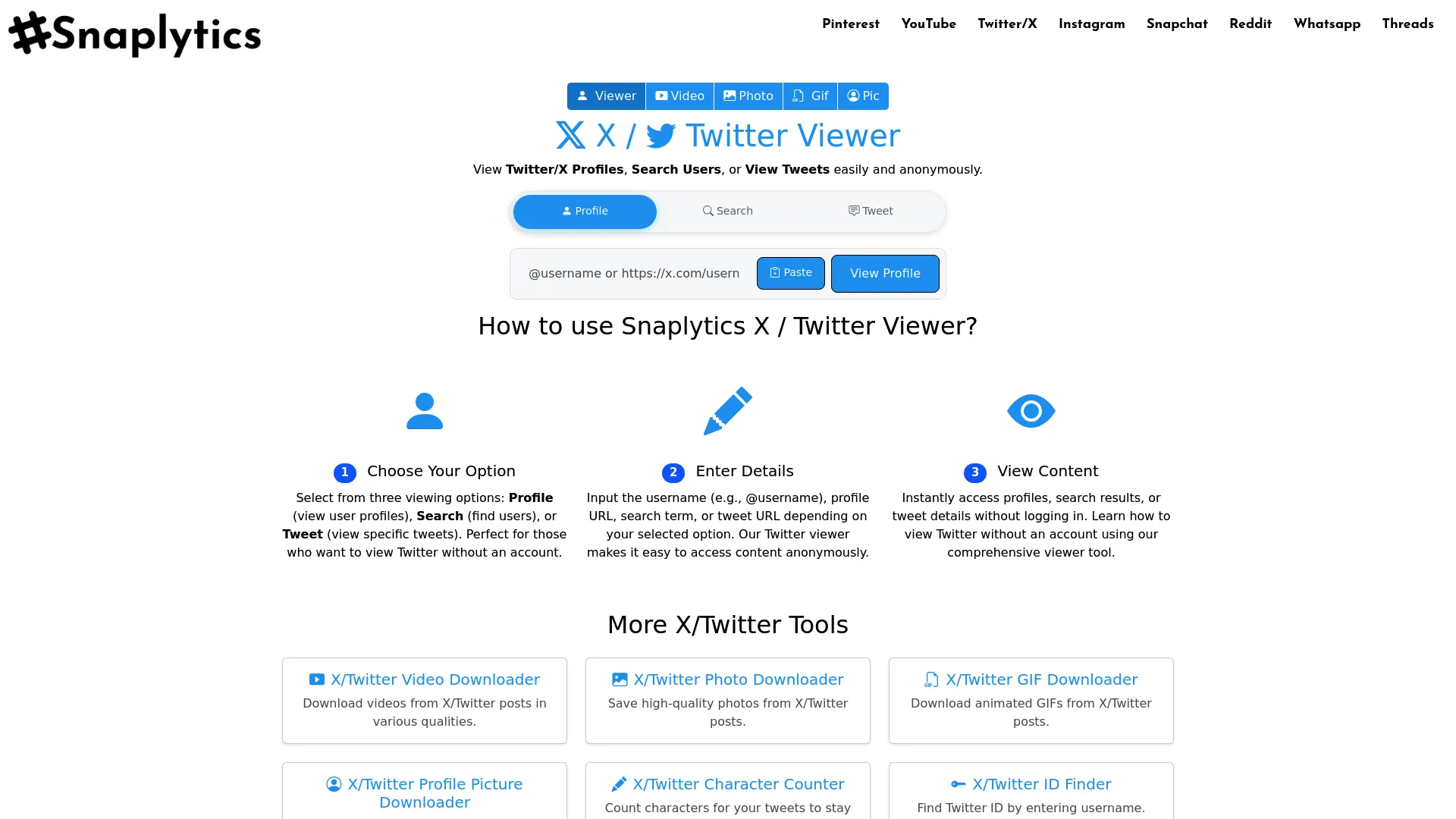 Snaplytics Twitter Viewer interface showing three viewing modes