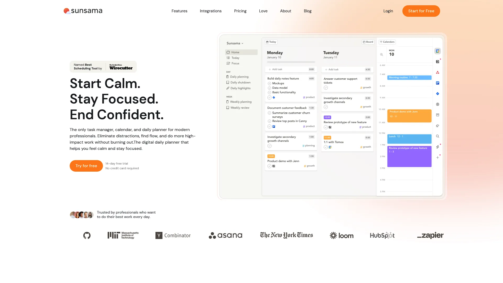Sunsama work-life balance planning interface