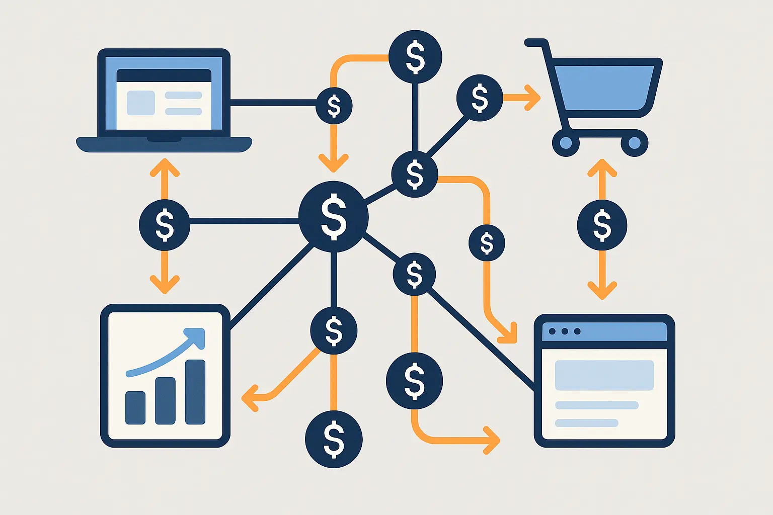 Cross-platform revenue integration flowchart showing multiple income streams