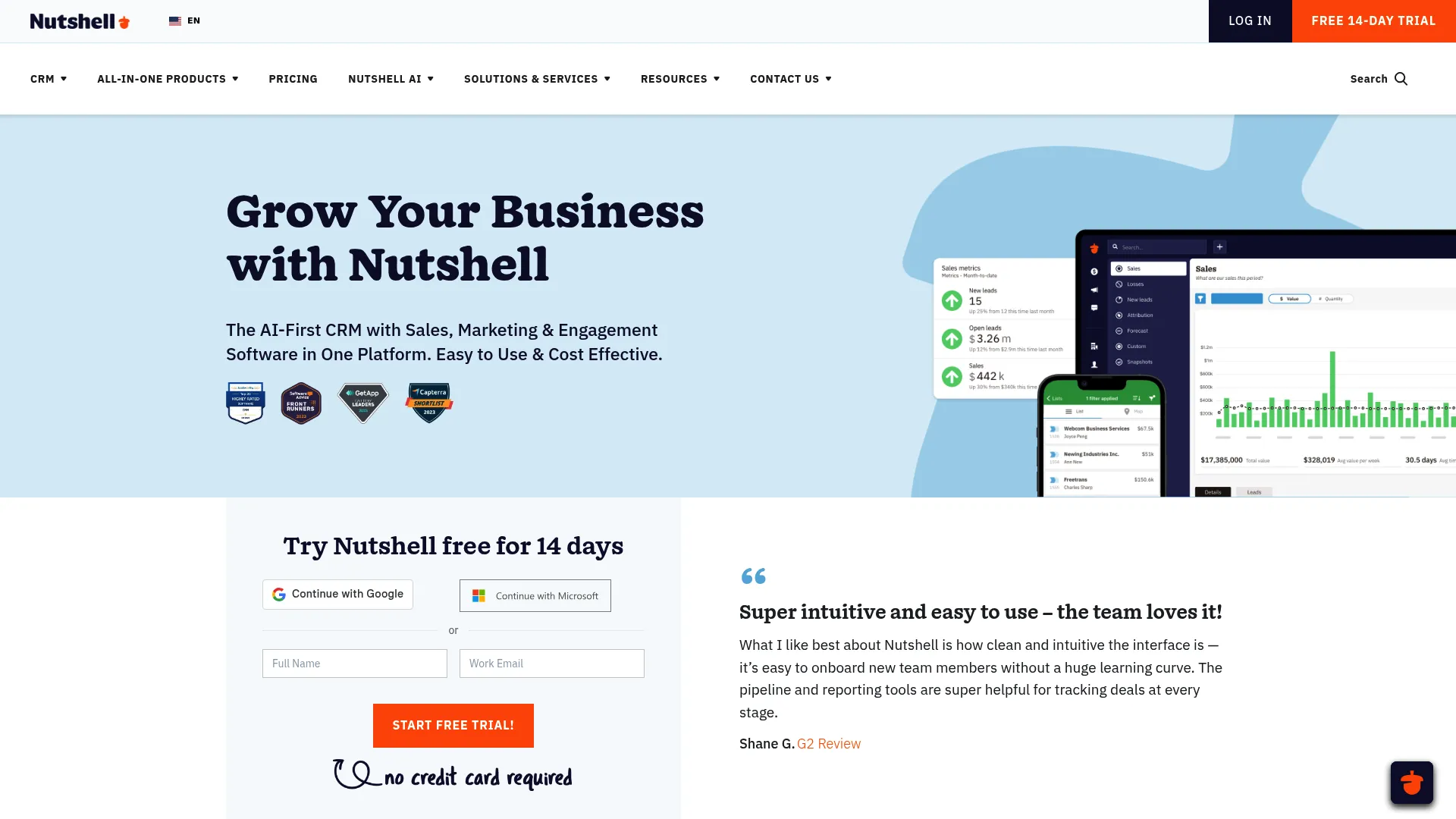 Nutshell CRM dashboard interface