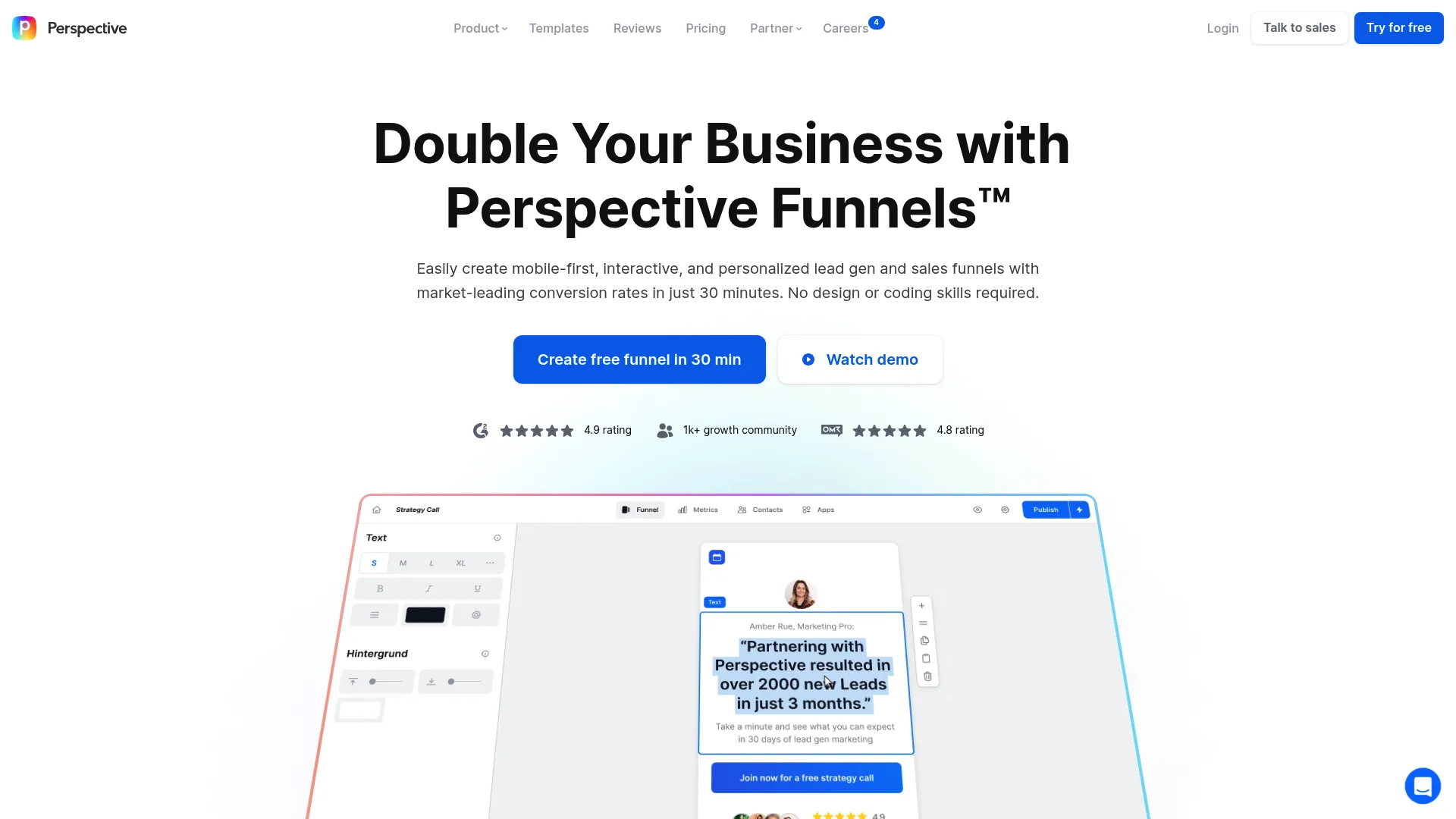 Perspective landing page builder interface