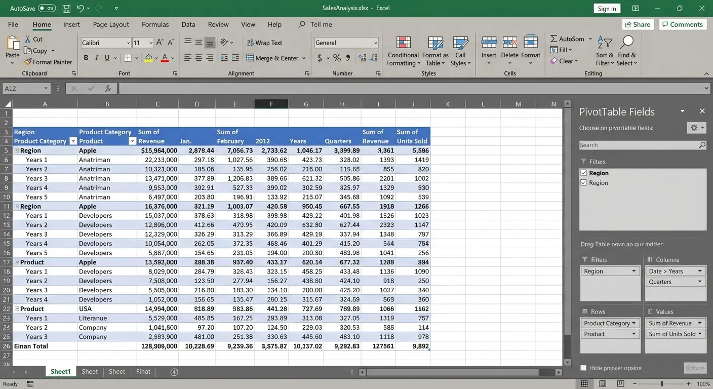 The four areas of a pivot table