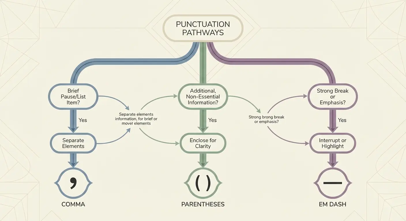 Comparison of commas parentheses and em dashes