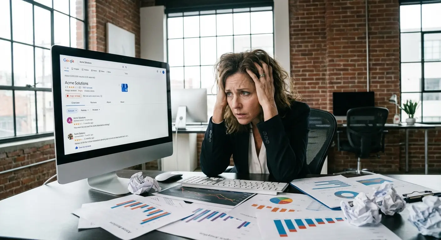 Business owner reviewing fake Google reviews