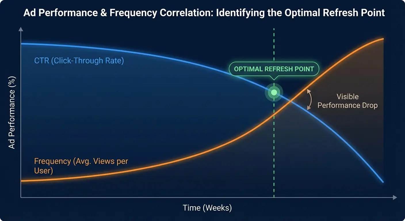 Creative fatigue timeline showing CTR decline
