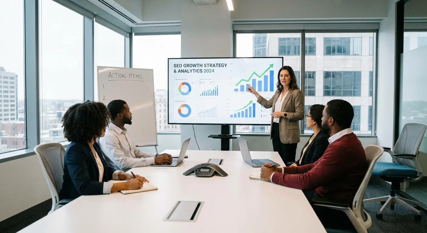 Flowchart showing SEO strategy implementation workflow from data collection to execution and measurement