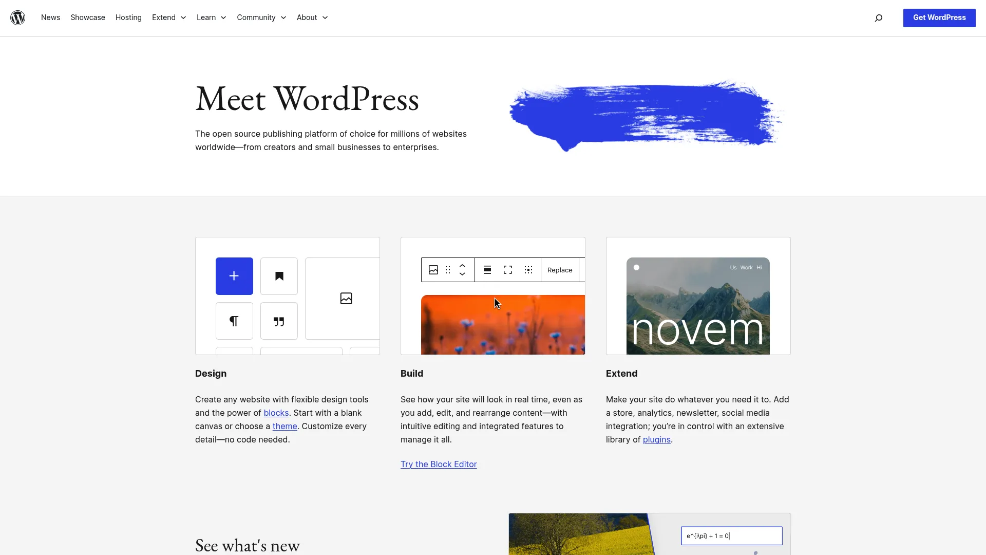 WordPress homepage showing their main dashboard