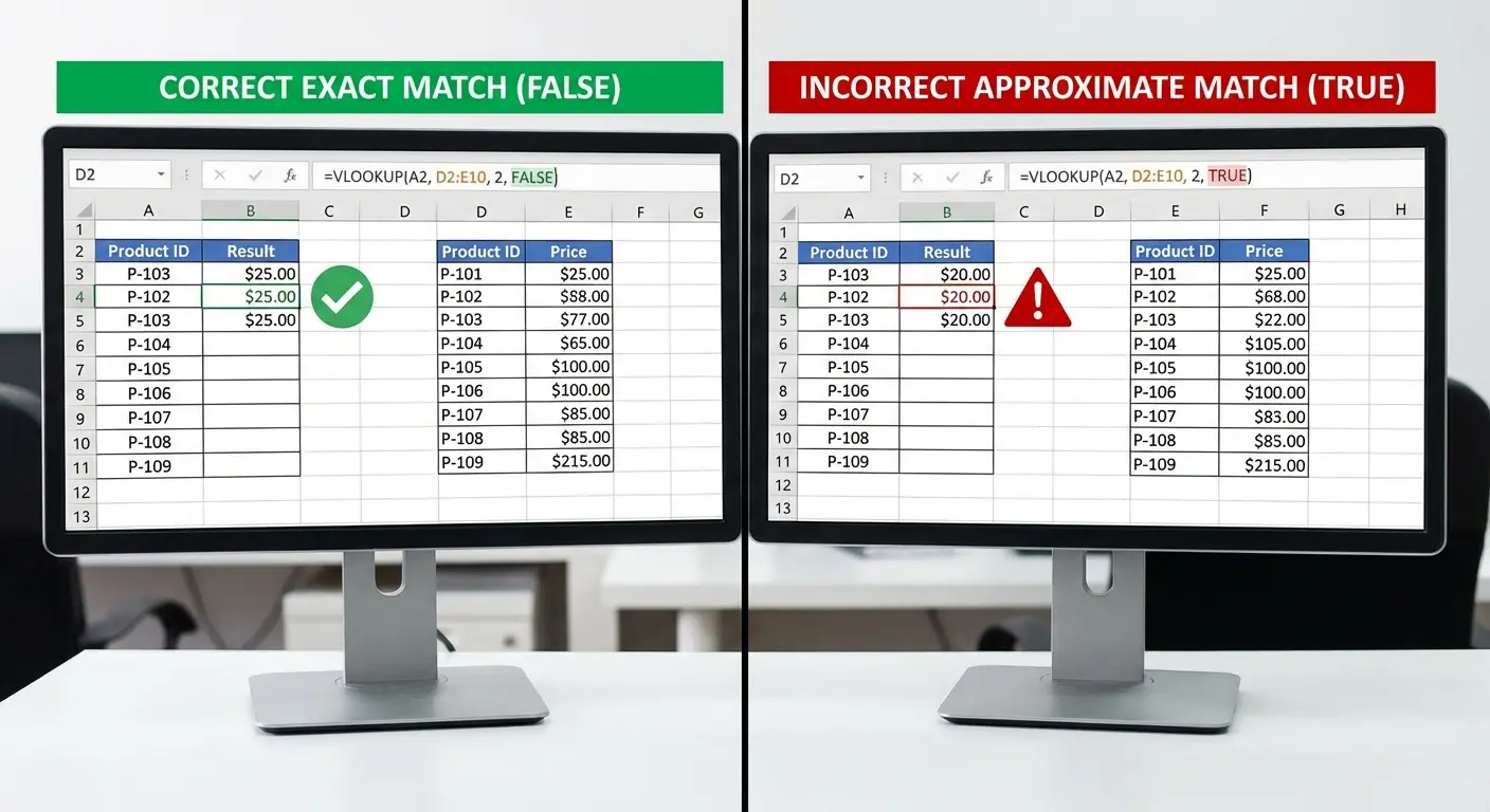Side-by-side comparison showing exact match returning error vs approximate match returning incorrect data