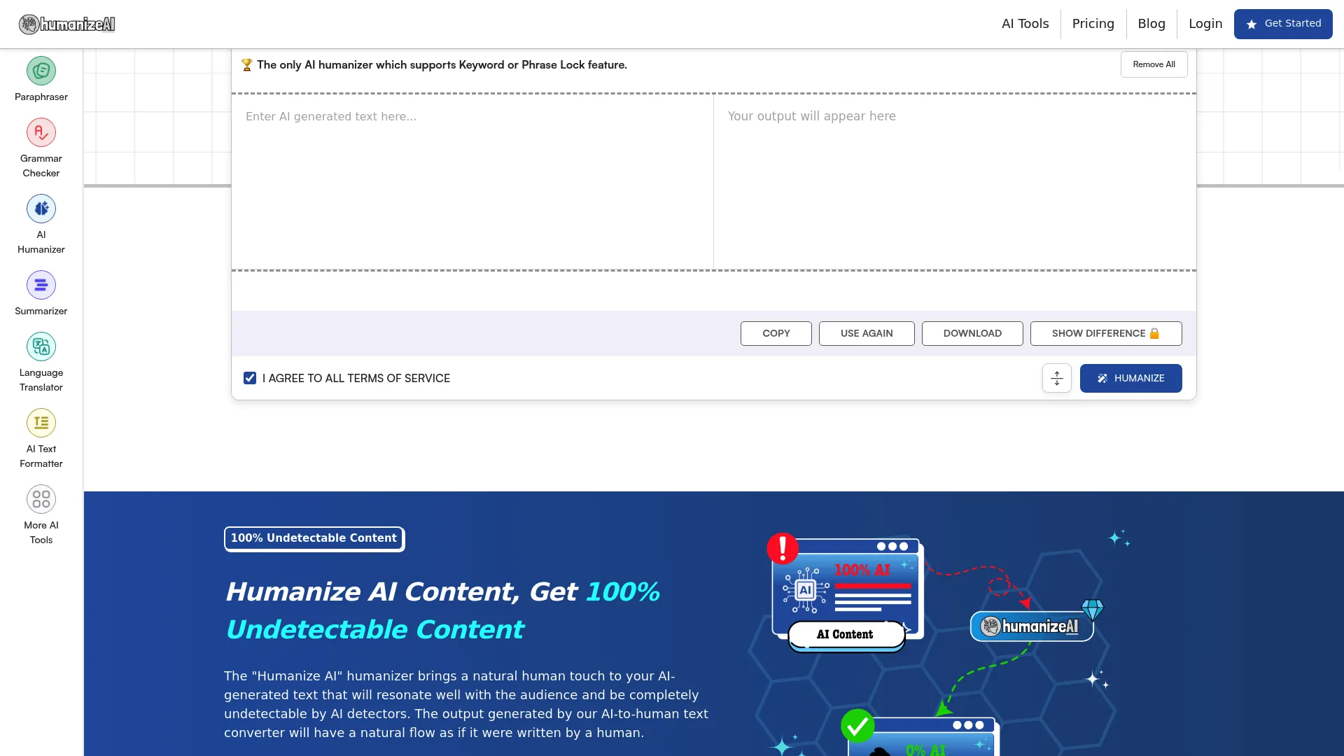 HumanizeAI.io homepage interface