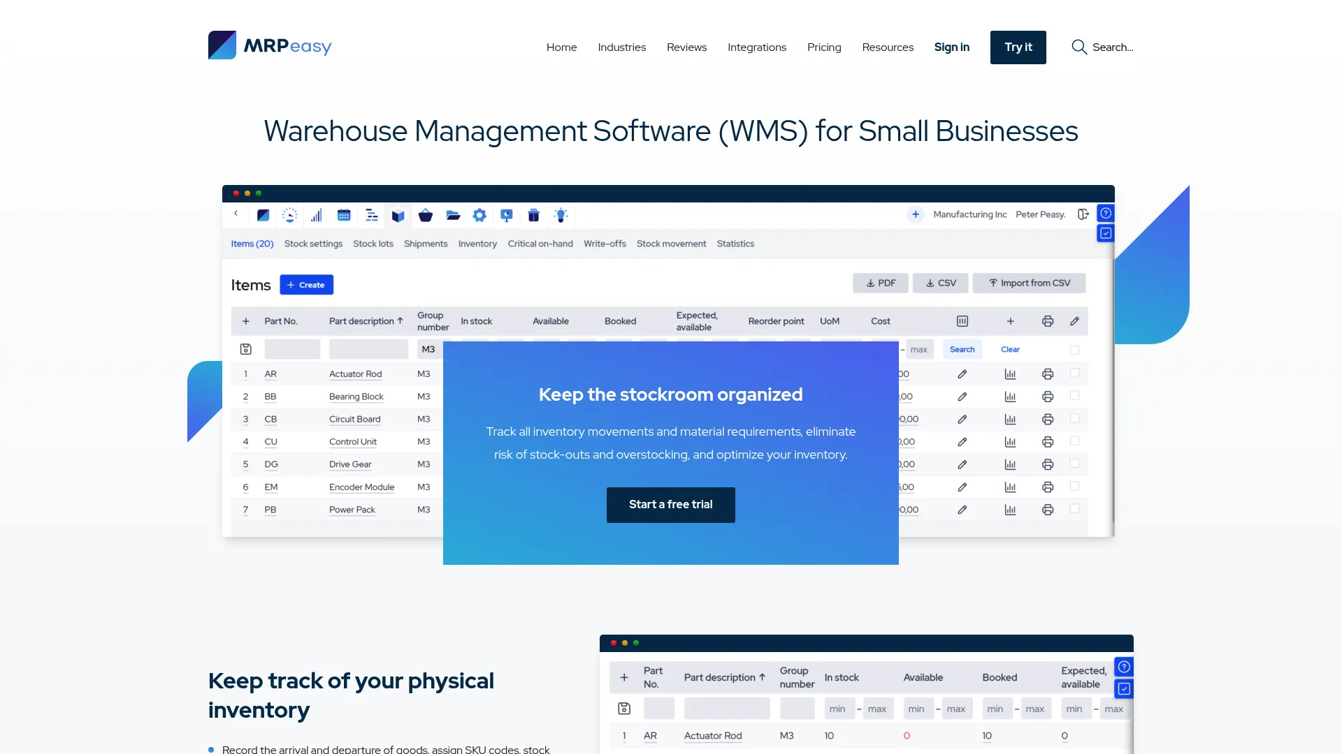 MRPeasy warehouse management interface