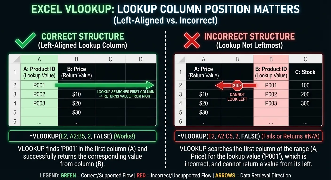 Visual diagram showing VLOOKUP's left-to-right search limitation with arrows