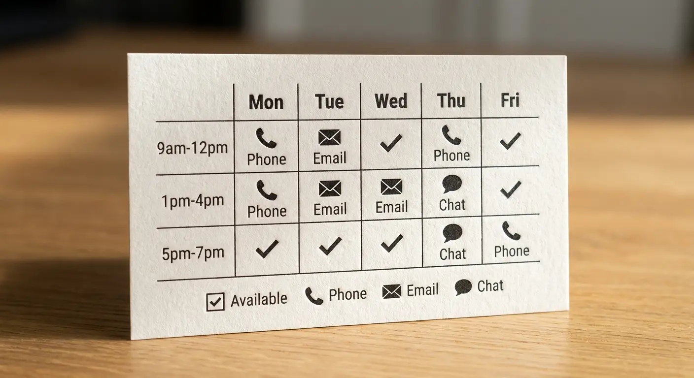 Availability matrix business card layout