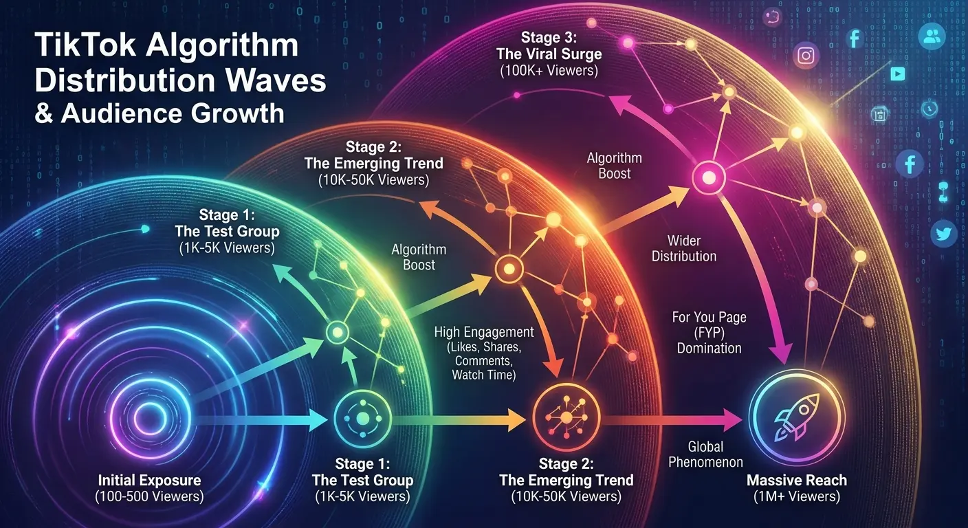 TikTok algorithm distribution waves visualization
