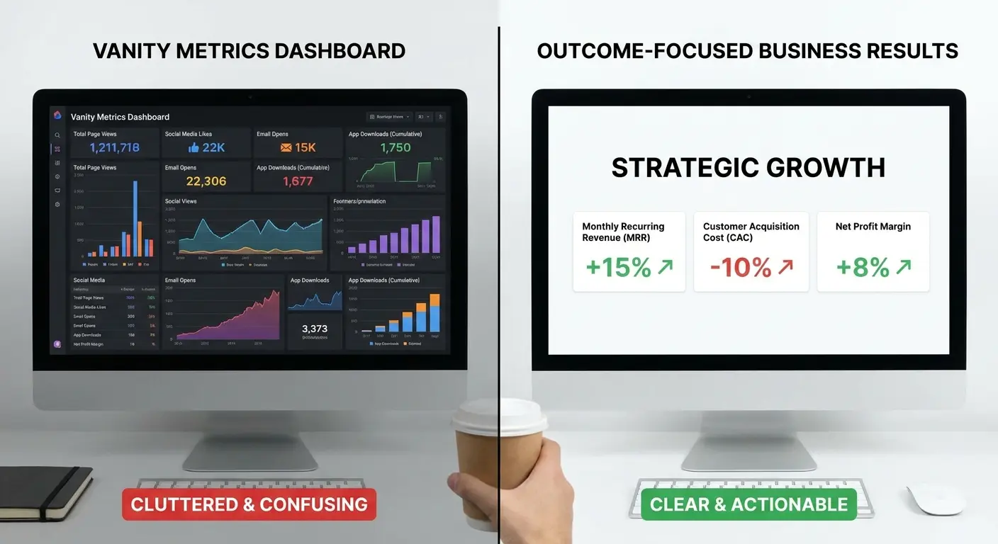 Dashboard showing output metrics vs outcome metrics