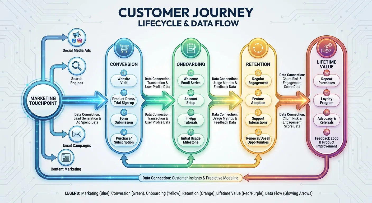 Marketing activity to business outcomes flow diagram