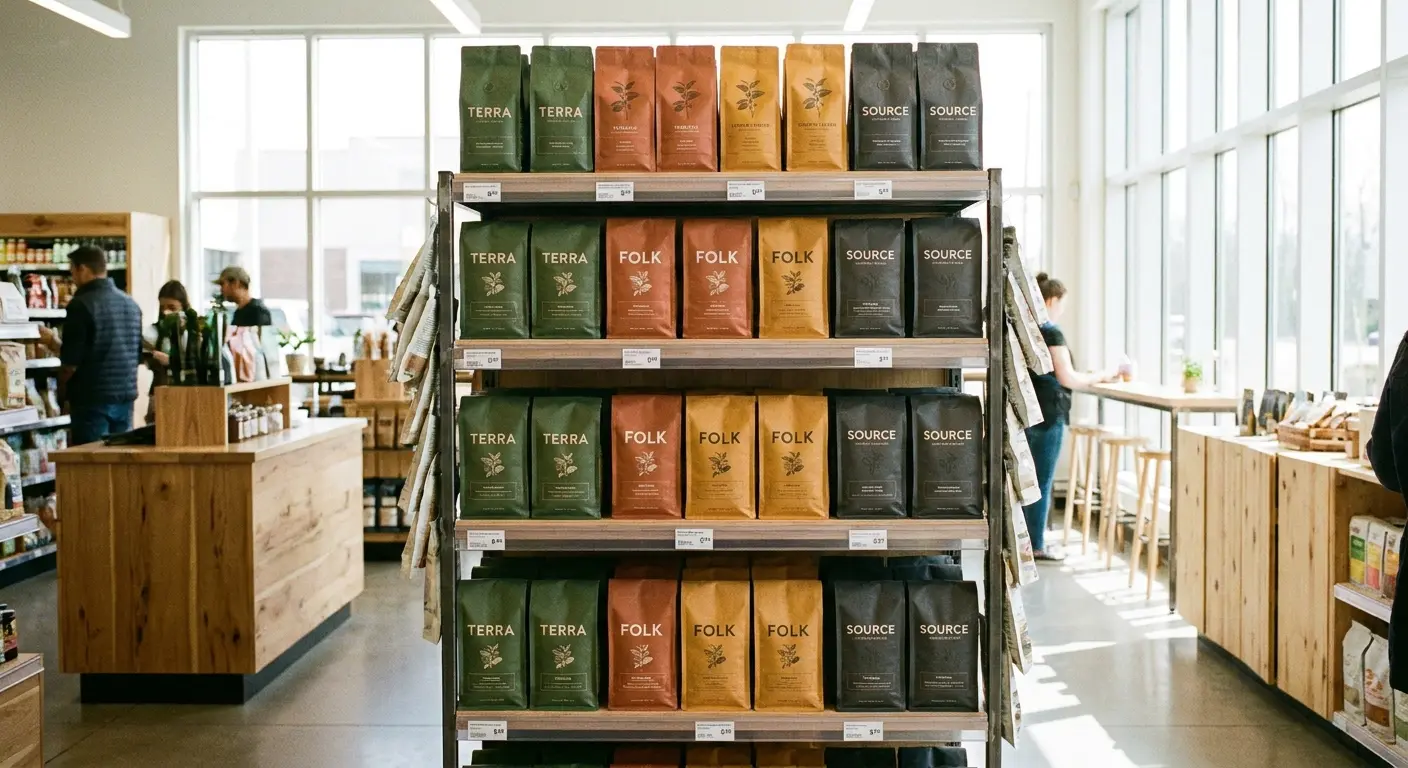 Emma's coffee empire (yes, actual grocery store shelves)