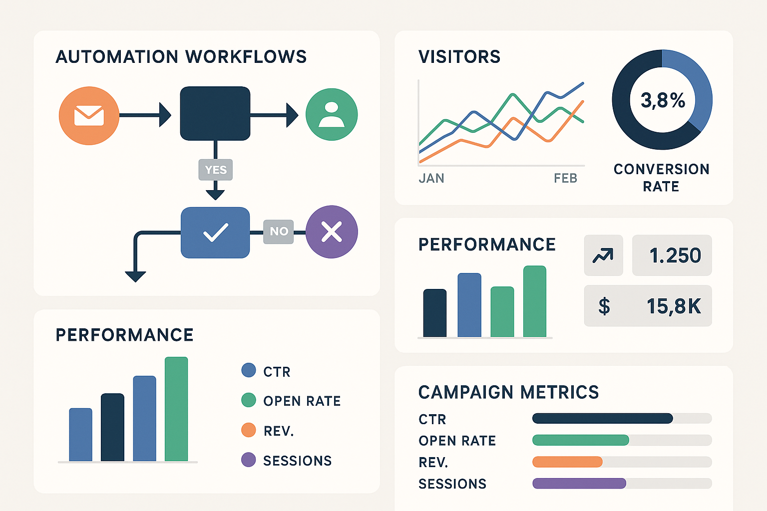 Enterprise marketing automation dashboard showing performance metrics